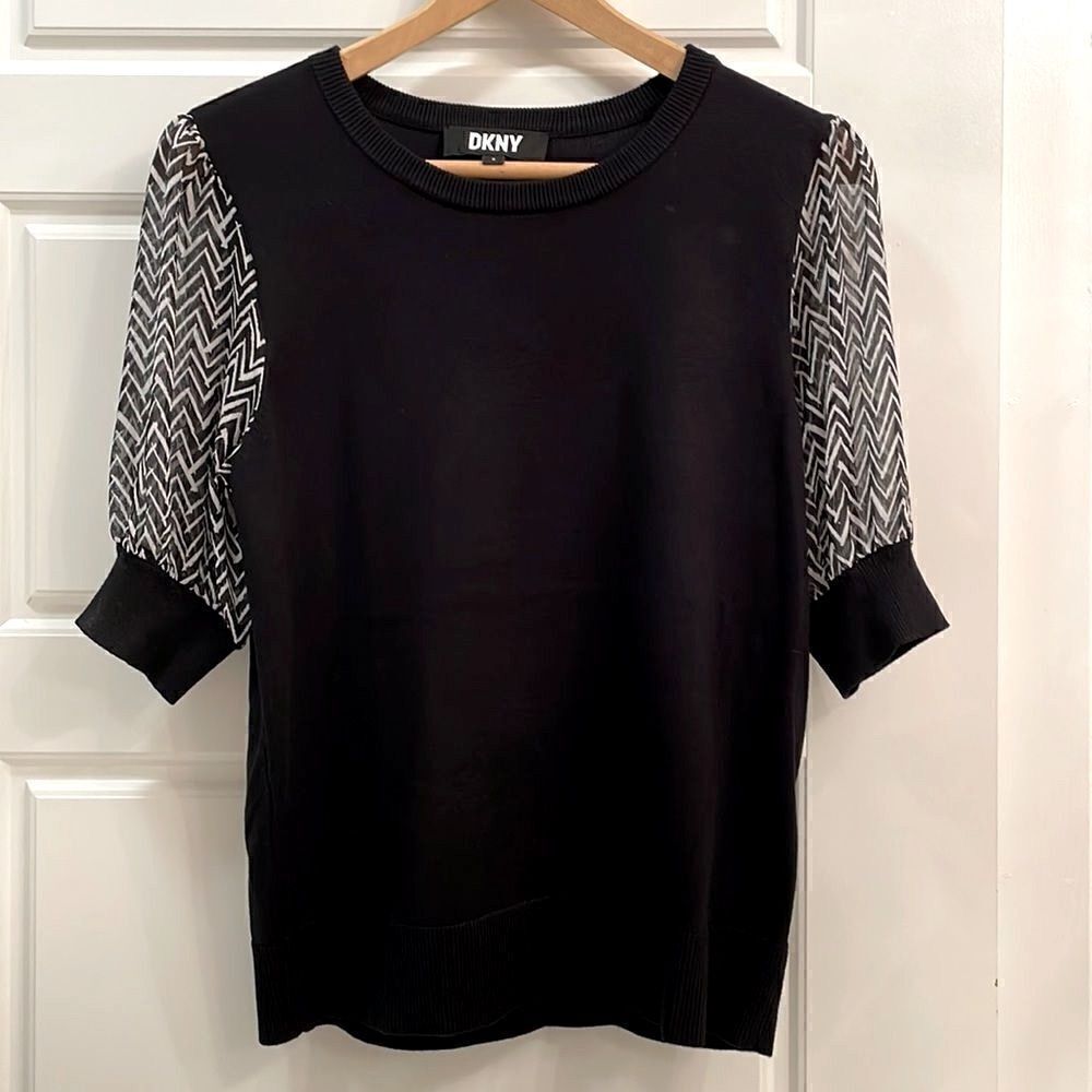 DKNY Crew Neck Chiffron Puff Sleeve preppy sweater